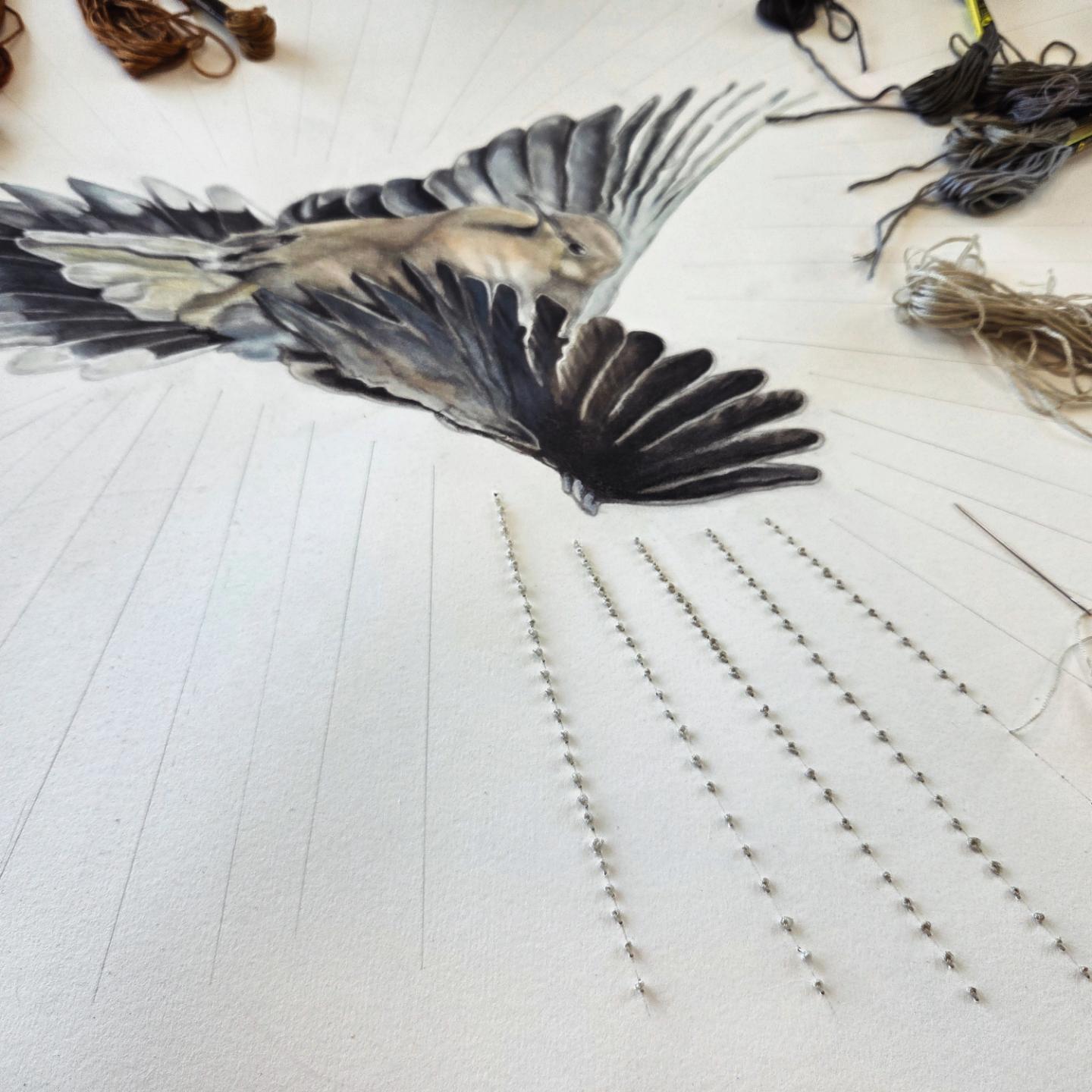 Work in progress of a dove in gouache paint with embroidered french knots on paper